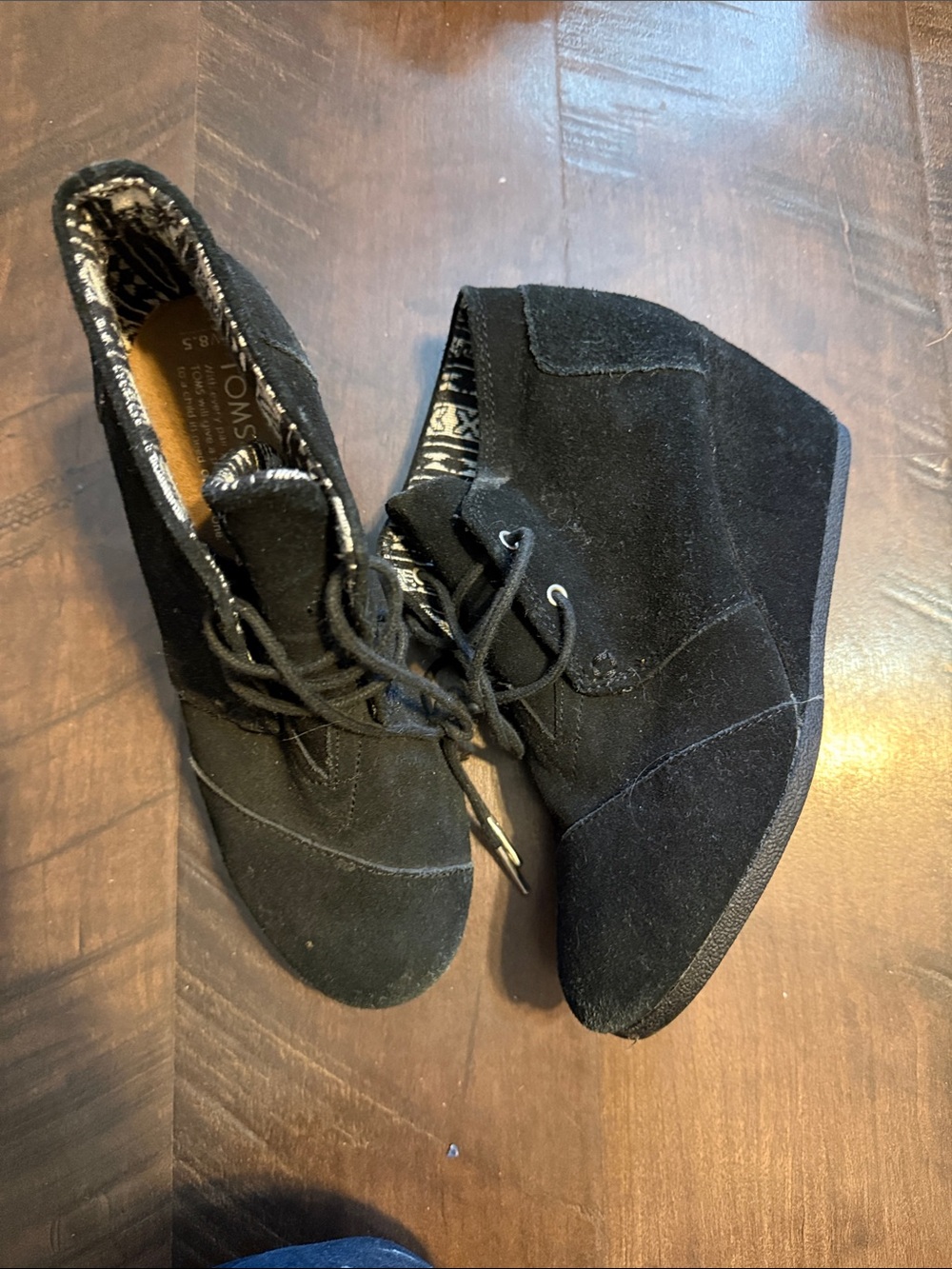 Toms Black Suede Wedge Lace-Up Booties